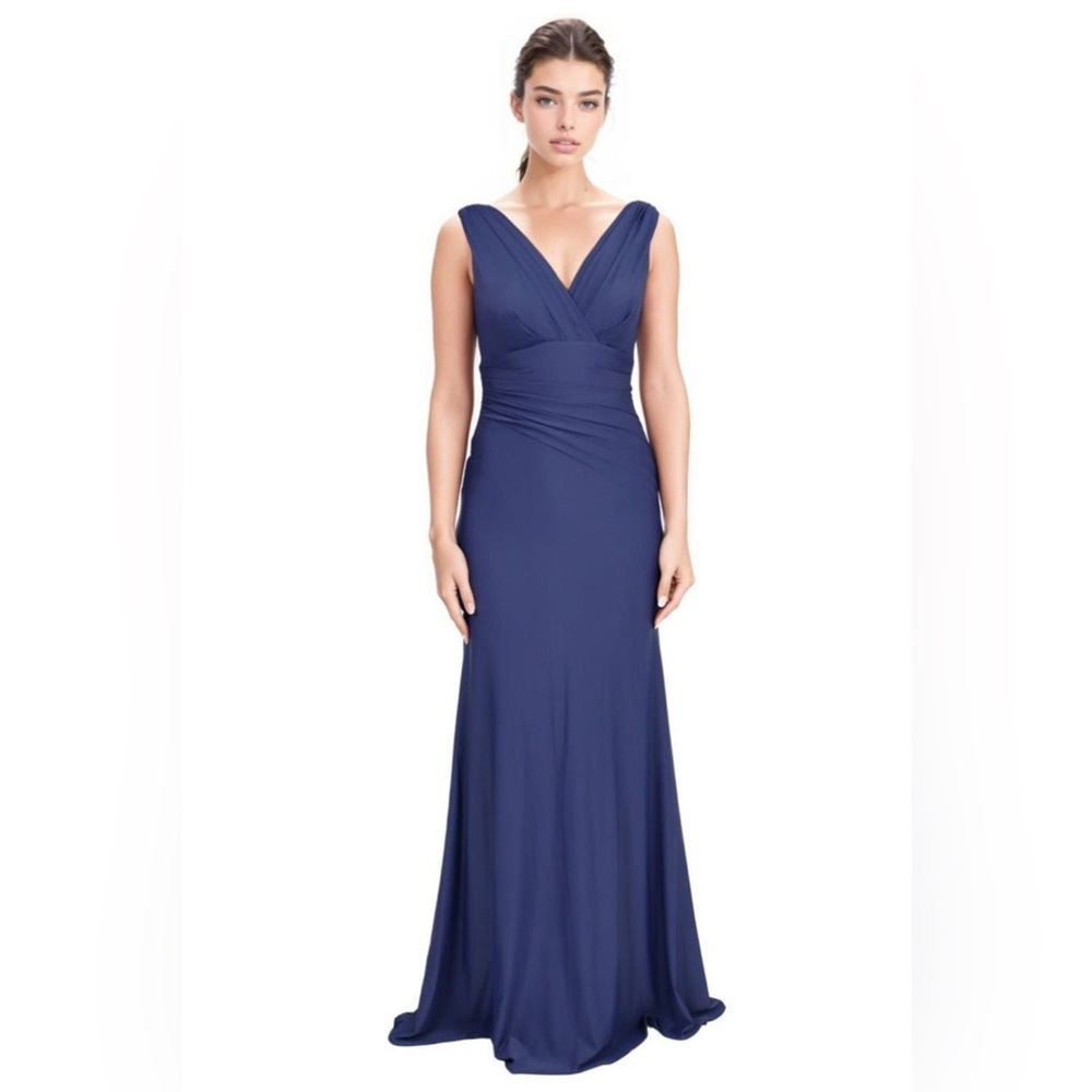 Rene Ruiz Womens Navy Blue V-Neck Stretch Gown - Dress Size 14